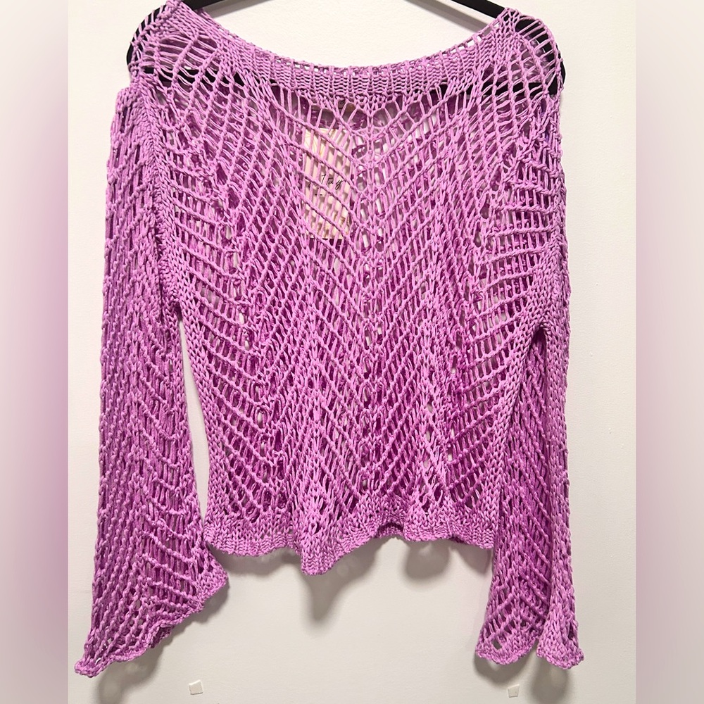 In Italy Lavender Crochet Boat Neck, Bell Sleeves Women’s Sweater made in Italy